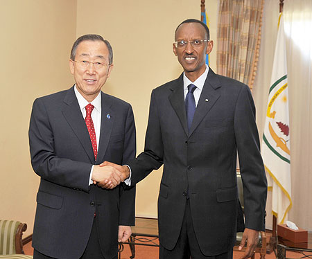 President Kagame meeting UN Secretary General, Ban Ki-moon in Kigali, yesterday. (Photo: /Urugwiro Village)