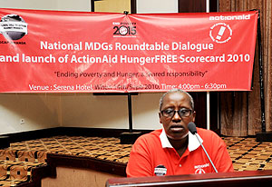 ActionAid Country Director, Irene Uwamariya speaking at the launch yesterday.(photo T.Kisambira)