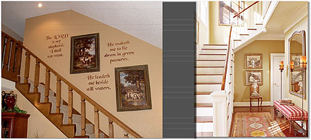 L-R : A stencilled staircase ; Staircase decorated with a combination of mirrors and pictures