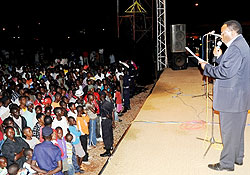 Eugene Munyakayanza the PS of the ministry of Foreign Affairs addressing youths at A mahoro stadium yesterday (photo T.Kisambira)