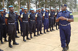 Commissioner General of Police (CGP), Emmanuel Gasana addressing the returning police officers yesterday (Courtesy photo)