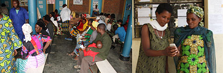 L-R : Rapid SMS technology has greatly improved service delivery at various health centres ; Apoline Niyoyita, an expectant mother who also works as a community health work at Muhoza Health Centre shows a collegue how to