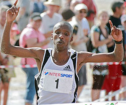 Gervais Hakizimana crosses the finish line on his way to winning a past event in France.