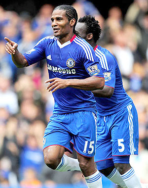 Malouda celebrates his second goal and Chelseau2019s fourth against Blackpool last weekend.