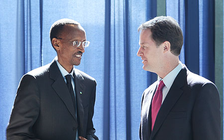 President Kagame with British Deputy Prime Minister Nick Clegg at the UN General Assembly yesterday (Photo: Adam Scotti)