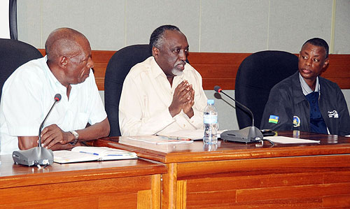 Tito Rutaremara (C), James Kabarebe (R) and Gerald Gahigi (L) during the town hall meeting yesterday. (Photo: J Mbanda)