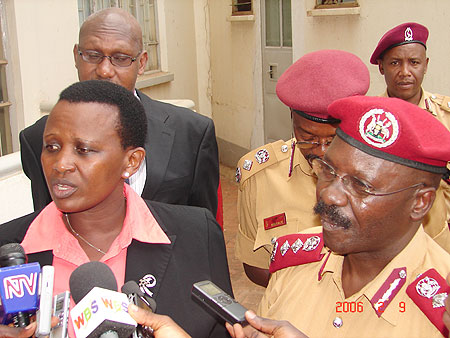 Mary Gahonzire addressing the press while Dr. Byabashaija looks on yesterday at Uganda Prison Headquarters, Kampala (Photo; E. Kabeera)