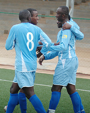 Rayon players celebrate after scoring against Atraco in last season's Primus league. (File Photo)