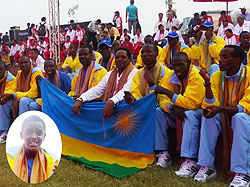 Rwandau2019s team at yesterdayu2019s team welcome ceremony held at the athletes village. In the centre is Rwandau2019s high commissioner to India, William Nkurunziza. Inset Alphonsine Agahozo (Photo; B. Mugabe)