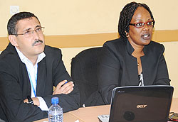 Dr. Achour Ait Mohand and Yvonne Kayiteshonga addressing a press conference yesterday (Photo T. Kisambira)