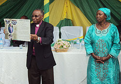 Bishop Rucyahana and his wife Harriet being recognised by students on Thursday (Photo B. Mukombozi)