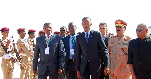 President Paul Kagame arriving at Sirte International Airport  in Libya, to attend The Second Afro-Arab Summit, yesterday (Photo Urugwiro Village).