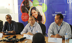 Tigo CEO Marcelo Aleman (middle) addresses journalist during the launch of the u2018Ba Freeu2019 promotion recently (File Photo)