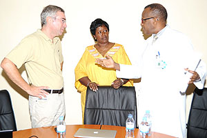 L-R; Dr. Thierry Sluysmans, Dr. Agnes Binagwaho and Dr. Emille Rwamasirabo in a discussion after the press conference (Photo; J. Mbanda)