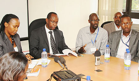 L-R RDB staff, Clare Akamanzi, John Gara, Charles Gahungu and Tony Sebera at a press conference yesterday (Photo; T. Kisambira)