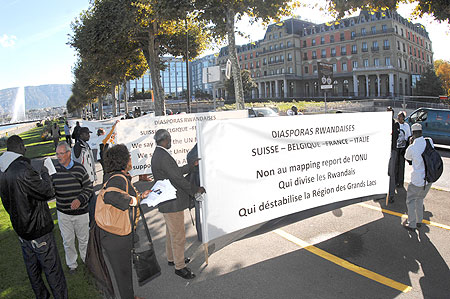 Demonstrators protesting the report in front of UN offices in Geneva. (Courtesy photo)