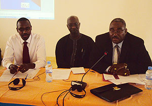 (L_R) Rapheal Ngarambe from Prosecution, ICTR Registrar Adama Dieng and the ICTR spokesman Roland G Amoussouga during the opening of the training. (Photo B Mukombozi)