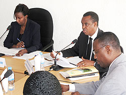 L-R Phoebe Kanyange the spokesperson of FFPP, Anicet Kaigema SG FFPP, and Protais Mitari minister of Yourth at a meeting yesterday photo (T. Kisambira)