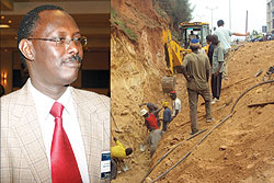 L-R : COMMENTED Dr Theobald Hategekimana ; Workers searching for their colleagues after the landslide (Photo. G .Mugoya)
