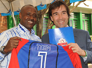 Lunched officially! The President of the Rwanda Football Federation, Brig. Gen. Jean Bosco Kazura and Alexander Koech Commercial Director Braliwa, officially launched the Primus National Football League