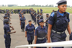 Policewomen boarding a Rwandair flight to Darfur yesterday at Kigali International Airport (Photo; T. Kisambira)