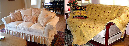 L-R : Sofa with puckered flange ; Sofa cover keeps dust and dirt out