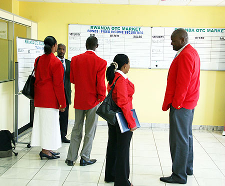 Stock brokers at the Rwanda Over-The-Counter (OTC) market (file photo)