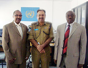 CGP Gasana(R),Maj Gen Rajesh Dewan, UNMIS Police Commissioner(C) and Head of Rwanda Diplomatic Mission in Sudan,  Joseph Rutabana at UNMIS Headquarters in Khartoum.