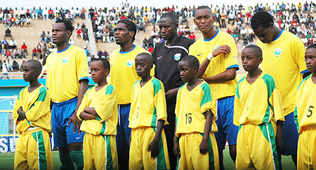 Amavubi players line up during one of Rwandau2019s 2010 CAN qualifiers last year. (File Photo)