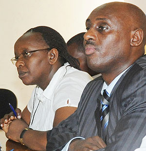 The Mayor of Nyarugenge District, Nyirahonora Theophila (L) and the Director of Taxpayer service in RRA, Gerard Nkusi during the meeting (Photo;T. Kisambira)