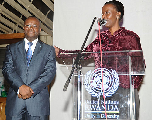  Louise Mushikiwabo (R) with the UN Resident Coordinator Aurelien Agbenonci during celebrations to mark the UN Day on Saturday (Photo; J Mbanda)