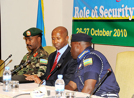 L-R Lt. Gen Charles Kayonga, Hon. Musa Fazil Harelimana and Chief of Police, Emanuel Gasana, at the closure of the meeting yesterday (Photo T. Kisambira)