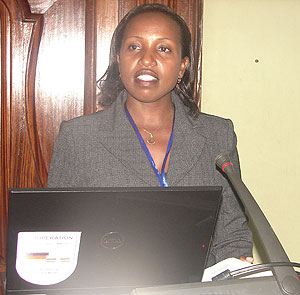 Murekatete addressing the meeting in Kampala (Photo; E. Kabeera)