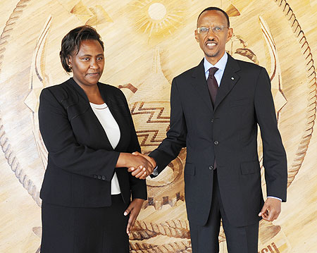 President Paul Kagame with Kenyau2019s new envoy, Rose Makena Muchiri, yesterday. (Photo Urugwiro Village)