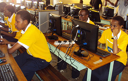 Students of St. Bernadette using the computers donated by the MTN Foundation (Photo; P. Ntambara)