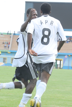 Abbas Rassou is congratulated by Haruna Niyonzima (No 8) after scoring APR's opener. 