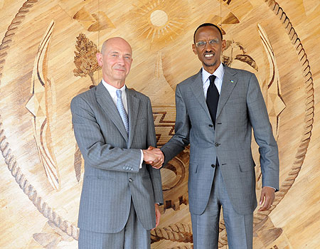President Kagame with the Director General of World Trade Organisation (WTO), Pascal Lamy, yesterday (Photo Urugwiro Village)