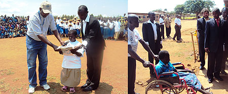 L-R : A disabled girl giving a speech at a school function to highlight the plight of  handcapped children.(Photo;S. Rwembeho) ; A parent pushes a disabled child to school as local leaders look-on. (Photos, S. Rwembeho)