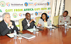 L- R;  Michel Kazatchkine, Richard Sezibera,Akudo Anyanwu and Robert Bayigamba at the Press conference. (Photo J Mbanda)