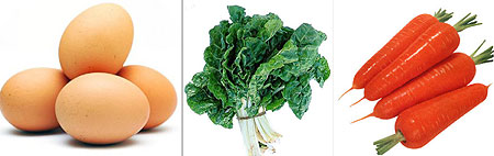 L-R : Eggs ; Spinach ; Carrot