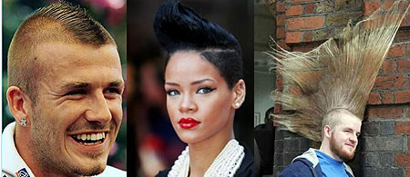 L-R : David Beckham in mohawk hairdo ; Rihanna's mohawk hairstyle ; tall mohawk