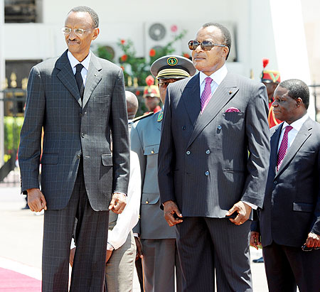 Front President Kagame with his Congolese counterpart, Sassou Nguesso. on arrival in Brazzaville Monday.  