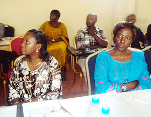 Minister Solina Nyirahabimana (R) and Hon. Constance Rwaka during the meeting. Photo S. Rwembeho