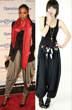 L-R : ciara in a silk harem pants ; A model in a balck belted harem pants