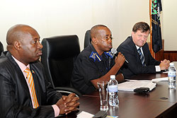 Remy L-R Sinkazi,the Ambassodor of Burundi to Rwanda, Stanley Nsabimana Deputy CGP and the British envoy, Nicholas Canon yesterday (Photo T.Kisambira)