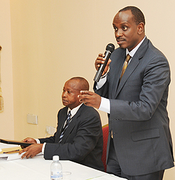 L-R Dr Ndushabandi Desire Rector of KHI and Dr.Richard Sezibera the Minister of Health addressing the conference (Photo T.Kisambira)