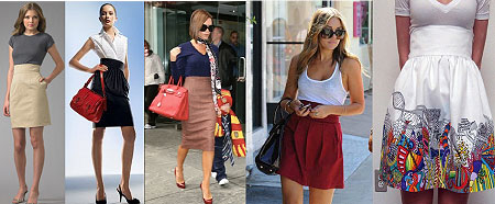 L-R : model in high-waist-skirt ; Corporate look  ; Victoria Bekham in a high waist skirt ; Lauren Conrad in high waist skirt ; High waist skirt for evening wear