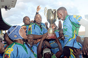 Silverbacks' players show off their CAR15s trophy after seeing off Burundi in the final early this month. (File Photo)