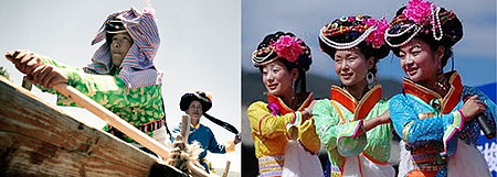L-R : Two women row a canoe made of driftwood across a lake, their eyes fixed on a destination in the distance. The woman in the foreground bites her bottom lip with determination. Thereu2019s a steeliness in her expression that says sheu2019s done this many time