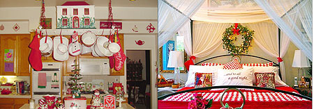 L-R : Vintage Kitchen Red-White Christmas Decoration ; Bedroom decorated in christmas theme